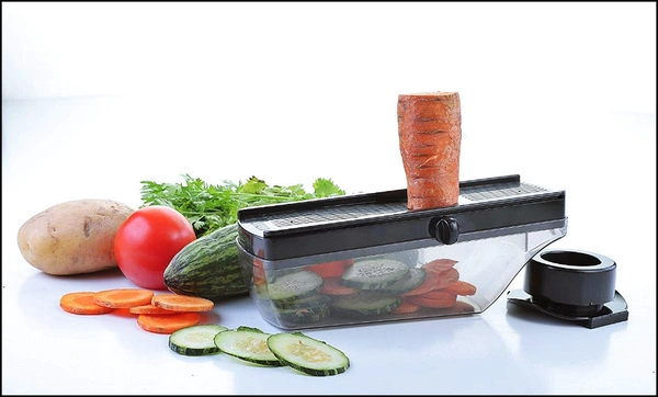 Fruit and Vegetable Compact Dry Plastic Cutter Garlic Ginger Slicer Cutter Grater with Hand Guard Holder and Transparent Container with Adjustable Stainless Steel Blade for Home Kitchen.. (Multi Color) 